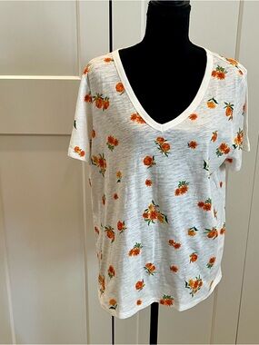 Old Navy White V-Neck Tee with Orange Floral Print